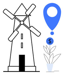 Windmill silhouette beside blue location marker and potted plant sprouting dollar coin. Ideal for sustainability, renewable energy, eco-friendly investment, green growth, financial planning