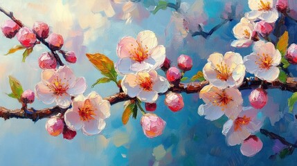 Close-up of a blooming branch with delicate white and pink flowers and buds against a soft, blue and pastel background evoking calm and renewal