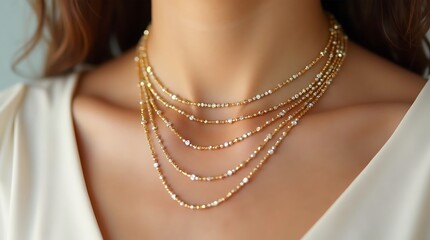 Close-up studio photograph of a woman showcasing an exquisite multi-layered delicate gold necklace with shimmering details, embodying luxury and timeless elegance in fine jewelry fashion