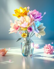 Colorful Origami Bouquet: A vibrant bouquet of intricate origami flowers bursts forth in a spectrum of vivid colors, showcasing the delicate beauty of folded paper and the artistry of crafting.
