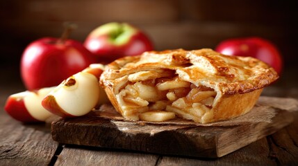 A freshly baked apple pie with a golden crust on a rustic wooden table.