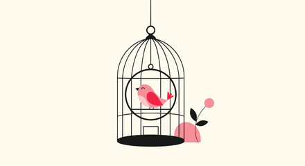 Fototapeta premium A small pink bird sits in a decorative cage with a rose nearby.