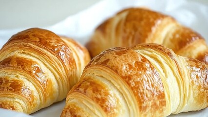 Three flaky croissants on a white plate, perfect for breakfast or brunch - Powered by Adobe