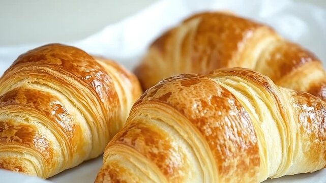 Three flaky croissants on a white plate, perfect for breakfast or brunch