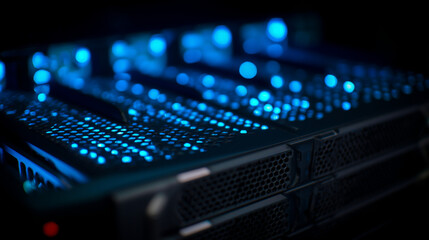 cables. Close-up view of illuminated server components in a data center with cool blue lighting. product launch decks, UI/UX mockups, designed for data visualization dashboards and holographic UIs.
