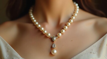 Elegant close-up photograph of a lustrous pearl necklace gracefully adorning a woman's décolletage, showcasing timeless beauty and sophistication