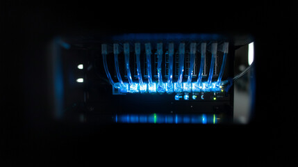 cables. Close-up view of illuminated server components in a data center with cool blue lighting. product launch decks, UI/UX mockups, designed for data visualization dashboards and holographic UIs.