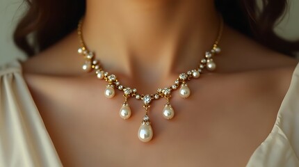 A stunning pearl and diamond rivière necklace adorning a woman's décolletage, showcasing exquisite craftsmanship and timeless elegance in a high-definition photograph