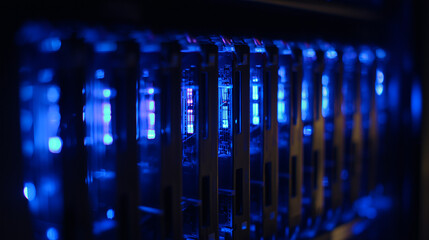 cables. Close-up view of illuminated server components in a data center with cool blue lighting. product launch decks, UI/UX mockups, designed for data visualization dashboards and holographic UIs.