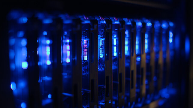 cables. Close-up view of illuminated server components in a data center with cool blue lighting. product launch decks, UI/UX mockups, designed for data visualization dashboards and holographic UIs. - Powered by Adobe