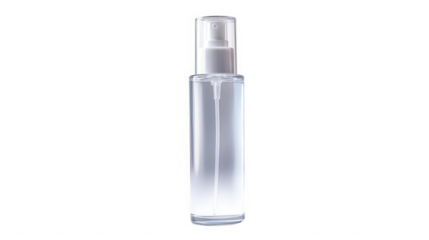 A clear cylindrical bottle with a spray nozzle and cap  in a studio setting on transparent background