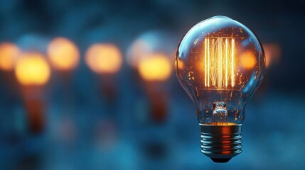 Close-up of a glowing incandescent light bulb filament with four blurred light bulbs in the background against a dark blue backdrop