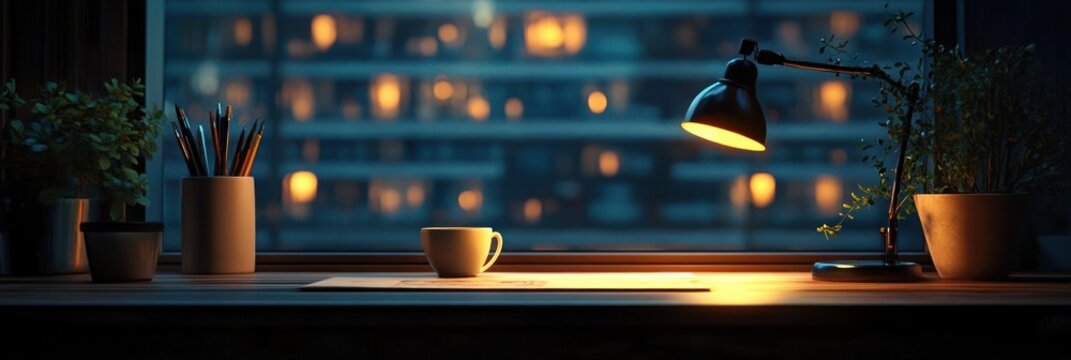 Cozy nighttime indoor workspace with warm desk lamp light illuminating a coffee cup, stationery, and potted plants against a window showing blurred city lights in the background