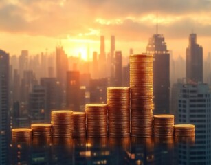 Fototapeta premium Stacks of coins arranged in ascending and descending order with a sunrise city skyline in the background symbolizing financial growth and progress