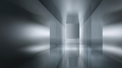Fototapeta premium Abstract futuristic corridor with sleek metallic walls and reflective floor, creating an illusion of depth and perspective in a minimalist space