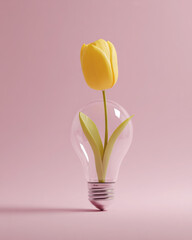 A yellow tulip growing from a clear light bulb on a soft pastel pink background. Minimalist concept with gentle lighting and wide copy space for text or design placement.