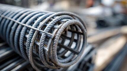 Rolled Steel Rebar in Construction Site, Close-Up View of Metal Frame Material for Structural Reinforcement and Building Foundation Support.