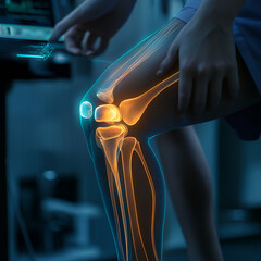 Knee X-Ray Scan Technology, Knee X-Ray Scan, Medical Bone Imaging, Orthopedic Diagnosis, Digital Anatomy Knee, Bone Health Technology, Human Skeleton Leg, Futuristic Medical Tech, Healthcare Innovatio