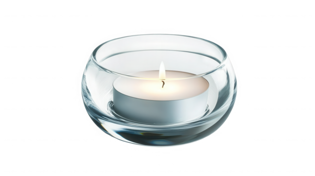 A lit tea light candle inside a clear glass holder against a black background for decoration use on transparent background