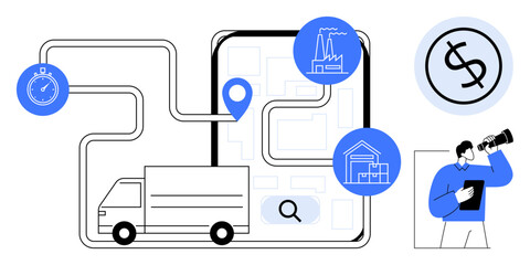Delivery truck on mapped route, GPS pinpoint, stopwatch, logistics icons, man analyzing data. Ideal for logistics, supply chain, time management, delivery cost efficiency business strategy simple
