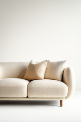 Fototapeta premium Modern beige sofa with soft cushion in minimalist living room interior 