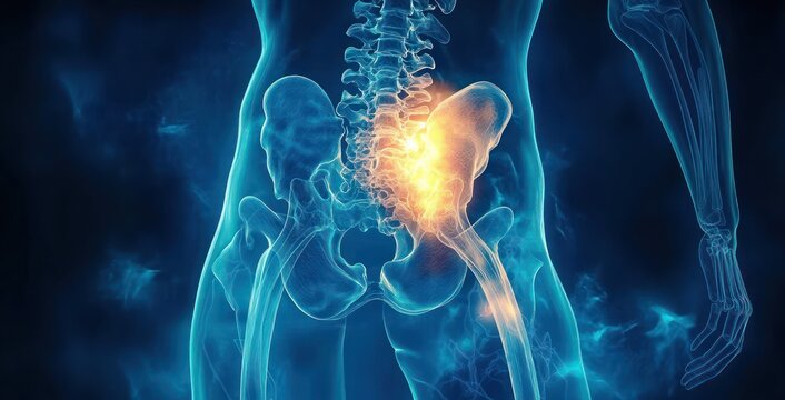 Digital visualization of human lower spine and pelvis with highlighted area indicating pain or inflammation in lower back and hip region
