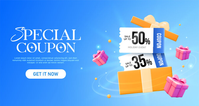 3d special coupon promotion banner with floating gift boxes and discount tickets offering 35% and 50% off, set on a blue gradient background with glowing effects. 3d vector illustration. Vector