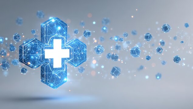 Digital Medical Cross with Blue Particles. It shows a blue, tech - styled medical cross surrounded by particles. Great for healthcare tech, medical innovation, or digital health - related visuals.