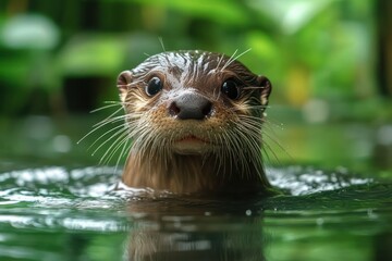 Fototapeta premium Close-up of a curious otter peeking out of the water with wide eyes and wet fur in a lush green environment