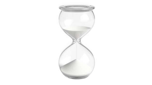 A clear glass hourglass with white sand , showing the passage of time on transparent background