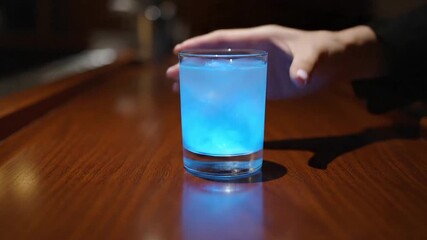 Pouring a vibrant blue cocktail on a polished wooden bar, perfect for nightlife promotions and upscale restaurant ambiance videos