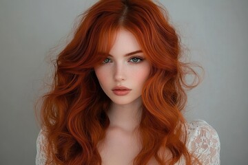Fototapeta premium Close-up portrait of a young woman with long, voluminous red hair, green eyes, light freckles, and natural makeup wearing a white lace top against a plain background