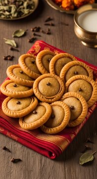 Traditional Indian sweet Lavang Latika pastry with cloves on red cloth festive dessert vertical food photography