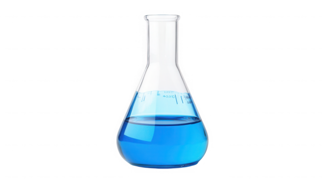 Isolated erlenmeyer flask containing a vibrant blue liquid against a stark black background in studio shot on transparent background