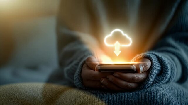 Woman Holding Smartphone with Cloud Uploading Concept in Knitted Sweater in Soft Golden Light