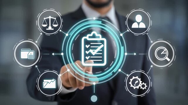 Man touched a clipboard sign with check mark. Company, strategy, business, technology, finance, work concept. Compliance - chart with ico.