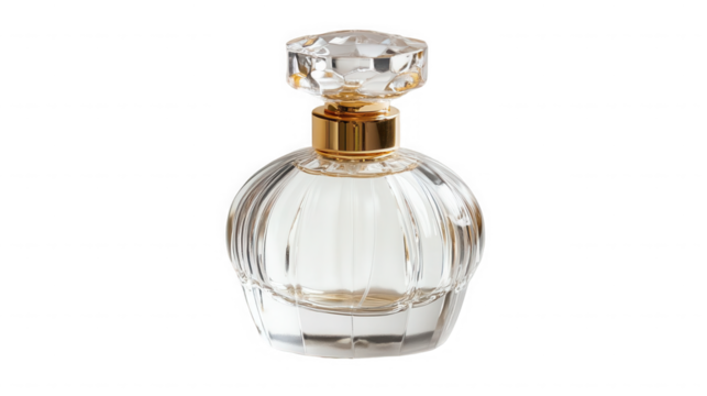 Isolated clear glass perfume bottle with a faceted crystal stopper and a gold colored neck band on transparent background