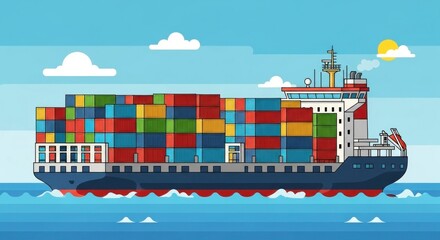 Obraz premium A colossal cargo ship navigates ocean waves, stacked high with colorful, diverse containers