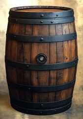 Obraz premium Large traditional wooden barrel with dark metal hoops against a warm textured background