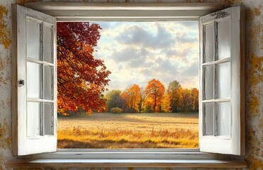 open white wooden window looking out onto a golden field with autumn trees showcasing vibrant red and orange foliage under a partly cloudy sky