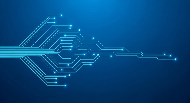 Abstract blue background with glowing circuit board pattern, representing technology and digital connectivity