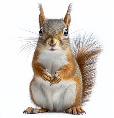 Obraz premium close-up of a curious red squirrel sitting upright with its bushy tail curled behind, holding its paws together and looking directly ahead with shiny eyes
