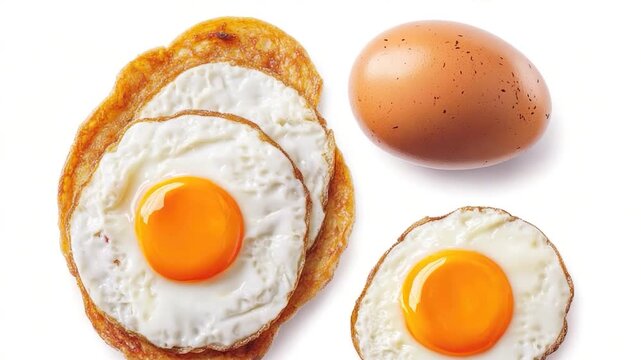A plate with two fried eggs and one egg sliced on top of toasted bread