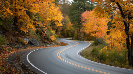 winding road through colorful autumn foliage of a forest, with yellow and orange leaves on the trees. the road curves to one side as it winds along the hillside. late fall season, nature's beauty duri