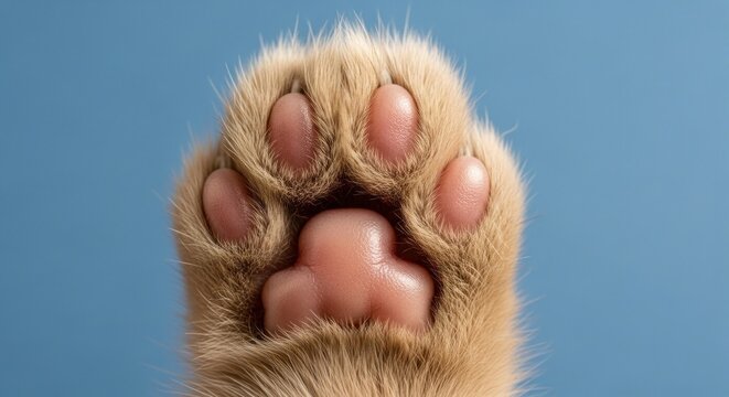 Close-up of a cat's paw pad, showing the pink, textured paw, surrounded by soft fur against a light blue background
