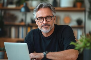 Confident middle-aged man with gray hair and beard wearing glasses and a black shirt working on a laptop in a cozy modern home office