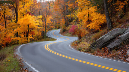 winding road through colorful autumn foliage of a forest, with yellow and orange leaves on the trees. the road curves to one side as it winds along the hillside. late fall season, nature's beauty duri