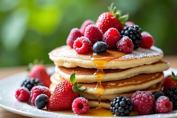 Delicious pancakes with fresh berries maple syrup and powdered sugar breakfast food photography