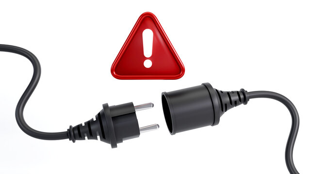 3D rendering of plug error,  disconnected electrical plug and socket on isolated white background, Connection lost concept