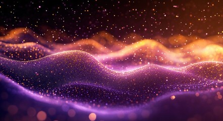 Abstract glowing wave-like hills covered with sparkling golden and purple particles conveying a sense of magic and wonder